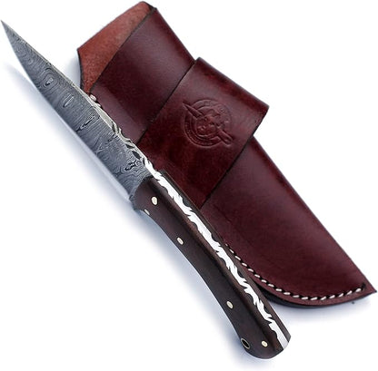 Handmade Damascus Steel Knife Bowie for Hunting, Survival,Camping,Bushcraft,Fishing,Fixed Blade with Recurve Full Tang Micarta Handle, Leather Sheath - WKD-776