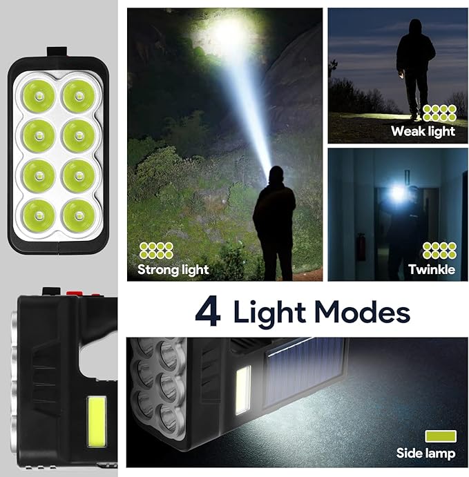 Portable Handheld Solar-Powered Flashlight with 8 LED Lights, 3 Modes Rechargeable Flashlights High Lumens Searchlight for Outdoor and Emergency Use (Black)