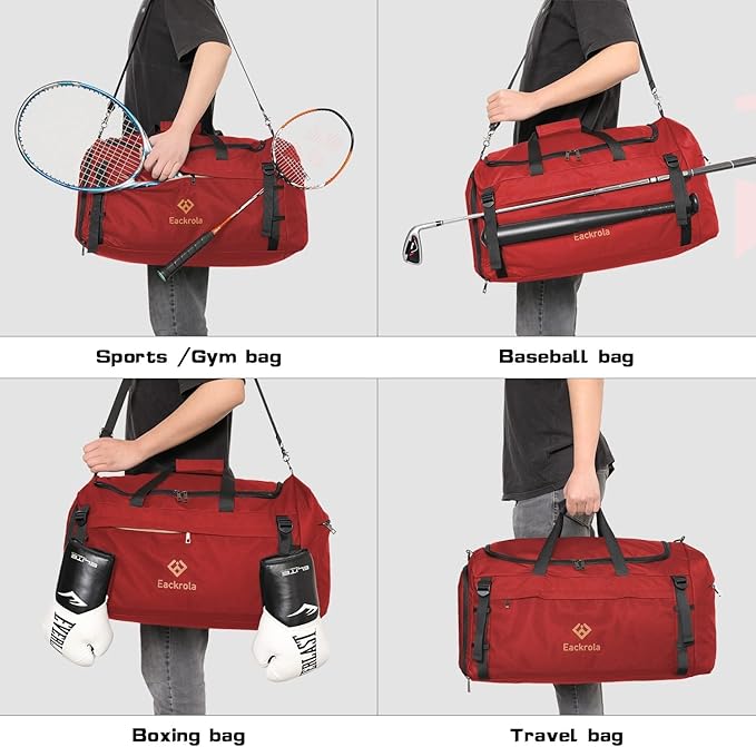 Eackrola Extra Large Sports Gym Bag, Travel Duffel bag with Wet Pocket & Shoes Compartment for men women, 85L, Lightweight （Red）