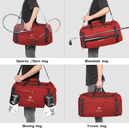 Eackrola Extra Large Sports Gym Bag, Travel Duffel bag with Wet Pocket & Shoes Compartment for men women, 85L, Lightweight （Red）