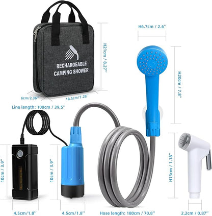 Portable Shower for Camping, Rechargeable Portable Camping Shower, Camp Shower with Double Portable Shower Head and 2 Flow Mode, Camping Shower for Hiking Beach Swimming Outdoor