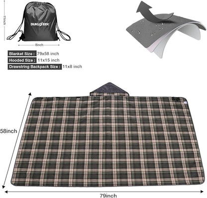 DUKUSEEK Stadium Blanket for Outdoor Sports, Waterproof Hooded Blankets, Windproof Warm Fleece Blankets for Camping Stadium, Beach, Picnic, Concerts, Car, Dog, 79"x 59"