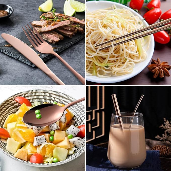 Portable Utensils Set,Reusable Travel Cutlery Set with Case Stainless Steel Flatware Set for Camping 8pcs Including Dinner Knife Fork Spoon Chopsticks Boba Straw (Rose gold)