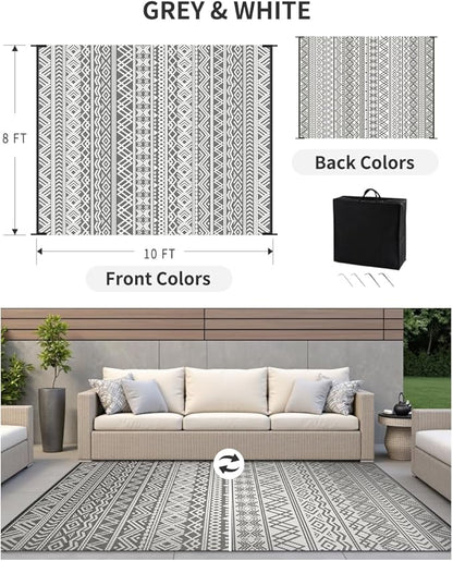 MontVoo Outdoor Rug 8x10 Waterproof Outdoor Patio Rug Mat Reverisble Plastic Straw Outdoor Rug for RV Camping Picnic Beach Balcony Boho Grey