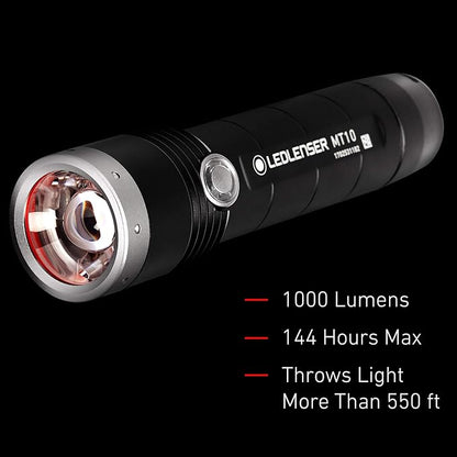 Ledlenser, MT10 Rechargeable Outdoor Flashlight, High Power LED, 1000 Lumens, Advanced Focus System for Home Use, Camping, Battery Charge Indicator