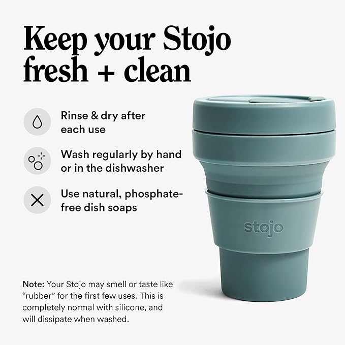 STOJO Collapsible Travel Cup - Eucalyptus, 12oz / 355ml - Reusable to-Go Pocket Size Silicone Cup for Hot and Cold Drinks - Perfect for Camping and Hiking - Microwave & Dishwasher Safe