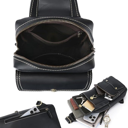 KPYWZER Sling Bag Men Women Genuine Leather Shoulder Backpack Satchel Chest Casual Daypack Crossbody Outdoor Day Pack Backpacks Black