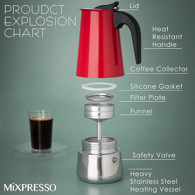 Mixpresso 6 Cup Greca Stovetop Espresso Maker 10oz, Moka Pot with Coffee Percolator Design, Stainless Steel Stove Top Coffee Maker for Camping or Home, Italian Coffee Maker Stovetop Red Coffee Pot