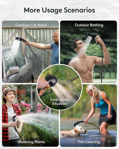 High Pressure Camping Shower, Portable Outdoor Shower with High-Speed Brushless Motor - 6000mAh, 2000RPM Water Pump, 3 Spray Settings for Hiking, Car Wash, Pet Cleaning, Beach Vacations