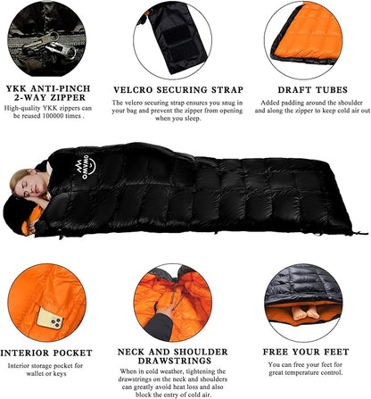 15°F 10°F Duck Down Sleeping Bag for Adults,650 Fill Power,Ultralight Wearable 4 Season Cold Weather Rectangle Sleeping Bag for Camping Hiking,Can be Used as a Down Blanket or Cloak
