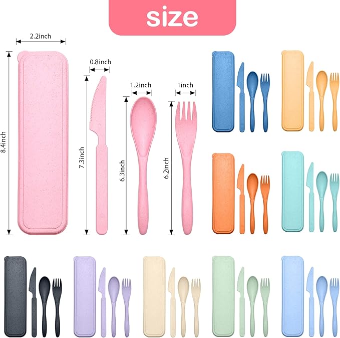 Reusable Travel Utensils Set with Case, 3 Sets Wheat Straw Portable Plastic Fork Spoons Knife Camping Cutlery, Eco-Friendly BPA Free Lunch Tableware for Kids Adults Travel Picnic Utensils