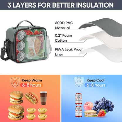 BALEINE Insulated Lunch Bag for Men Women, Leakproof Cooler Bag with Adjustable Shoulder Strap for Work Picnic, Lunch Box for Women Men (Small, Grey)