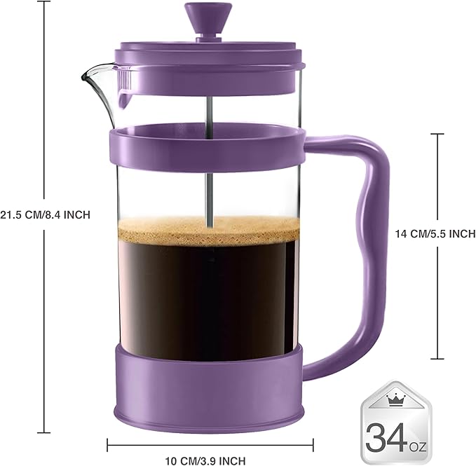 Utopia Kitchen 34 Ounce 1 Liter French Press Coffee Maker, Tea Maker, Travel Coffee Presses, Heat Resistant Thickened Borosilicate Coffee Pot for Camping Travel Gifts, Plum Pack of 1