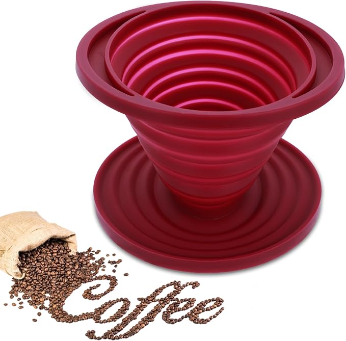 Collapsible Pour Over Coffee Dripper, Reusable Silicone Filter Holder, Travel Portable Pour Over Coffee Maker for Camping Picnic Party Traveling Office(Red)