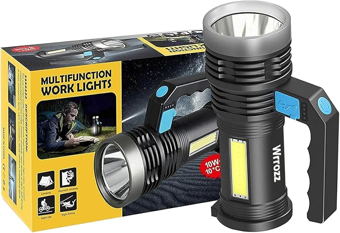 Wrrozz LED Flashlight High Lumens - USB Rechargeable Flashlight for Camping, Hiking, Walking - Powerful Emergency Flashlight with 4 Modes for Outdoor Use - Bright Flashlight with Sidelight Lantern