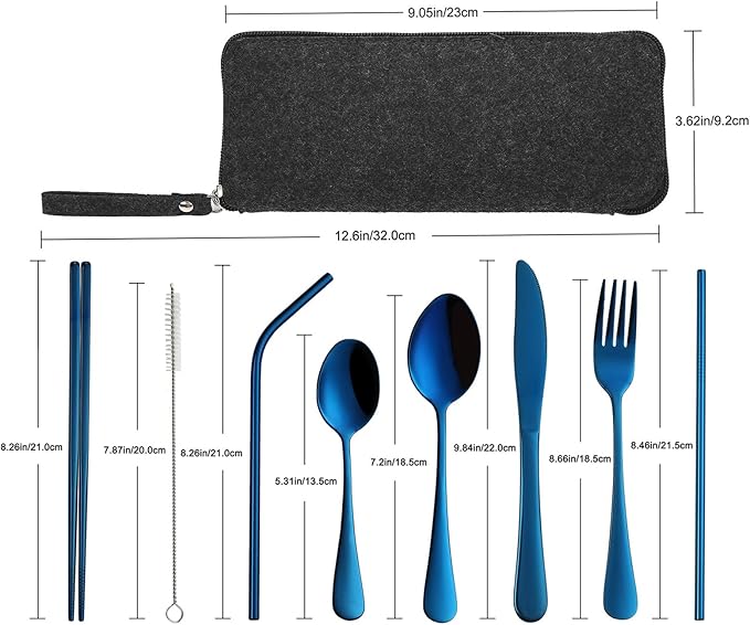 VANDBAO Portable Travel Utensils, Reusable Silverware with Case for Fixing Tableware, 9 Pieces Stainless Steel Stable Flatware Set, Camping Picnic Cutlery Set (Blue Set)
