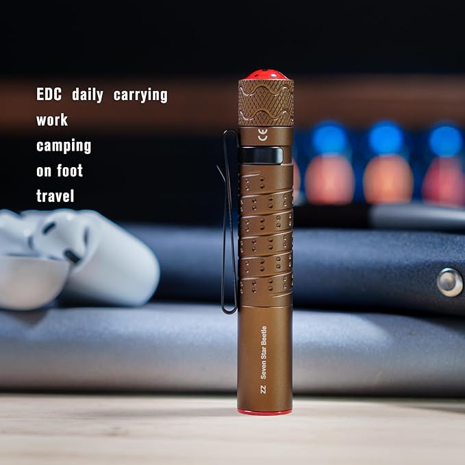 ZZ Seven Star Beetle EDC flashlight, ultra compact LED100 lumens, mini with tactical flash, equipped with AAA alkaline battery, suitable for camping and hiking, daily carrying (desert color)
