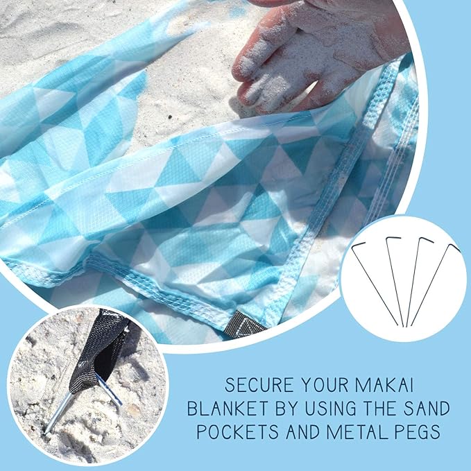 Makai – Lightweight Sheet Style Beach Blanket, Sand Dosen't Stick, Extra Large 8’ x 9’, Compact Strong Parachute Nylon Beach Mat, Stays Cool, Quick Drying, Multifunctional