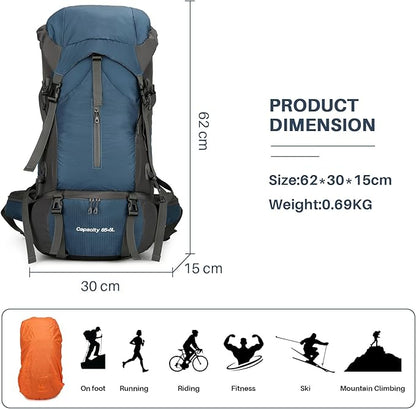 OKYUK 70L Hiking Backpack, Camping Hiking Back Pack, Water Resistant Lightweight Mountain Climbing Bag, Outdoor Camping Sport Daypack with Rain Cover, for Travel, Touring, Cycling (Navy Blue, 70L)