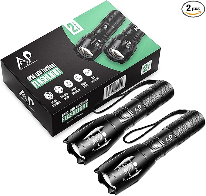 A&P Tactical Flashlight - High Lumens Flash Light, Flashlights for Emergencies, camping lights & lanterns, 5 Modes, Waterproof, Super Bright, Focus, Shock Resistant, Portable, Hiking, Outdoor Activity
