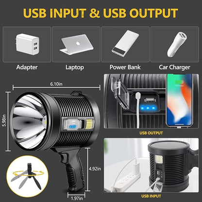 1000000 Lumens Spotlight, 6 Modes Super Bright Rechargeable Spotlight Flashlight, IPX6 Waterproof Outdoor Handheld Spot Lights for Marine Hunting Boating, XXX-Large with Tripod