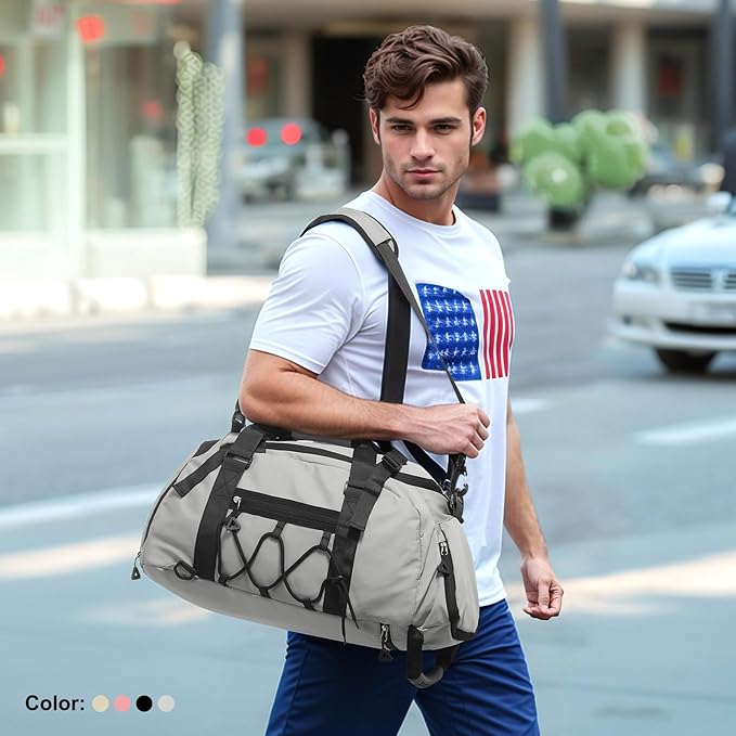 Unisex Travel Duffle Bag for Men Women, Waterproof Gym Bag with Shoe Compartment & Football Compartment, 32L Carry on Bag for Sports & Fitness, Light Gray