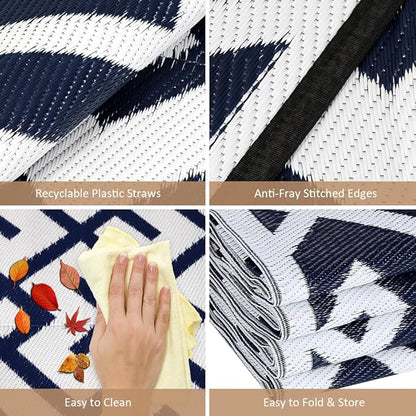 LILIOFFIC Outdoor Rugs - Reversible Mats, 5'x8' Plastic Straw Rug for Patio Clearance Waterproof, Indoor Outdoor Area Rug Carpet for Outside, RV, Deck, Picnic, Beach, Trailer, Camping, Blue & White