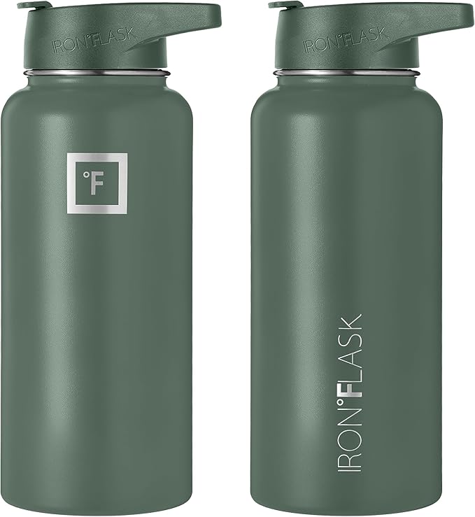 IRON °FLASK Camping & Hiking Hydration Flask, Wide Mouth, 3 Straw Lids, Stainless Steel Outdoor Water Bottle, Double Walled, Insulated Thermos, Metal Canteen - Sage, 32 Oz