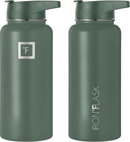 IRON °FLASK Camping & Hiking Hydration Flask, Wide Mouth, 3 Straw Lids, Stainless Steel Outdoor Water Bottle, Double Walled, Insulated Thermos, Metal Canteen - Sage, 32 Oz