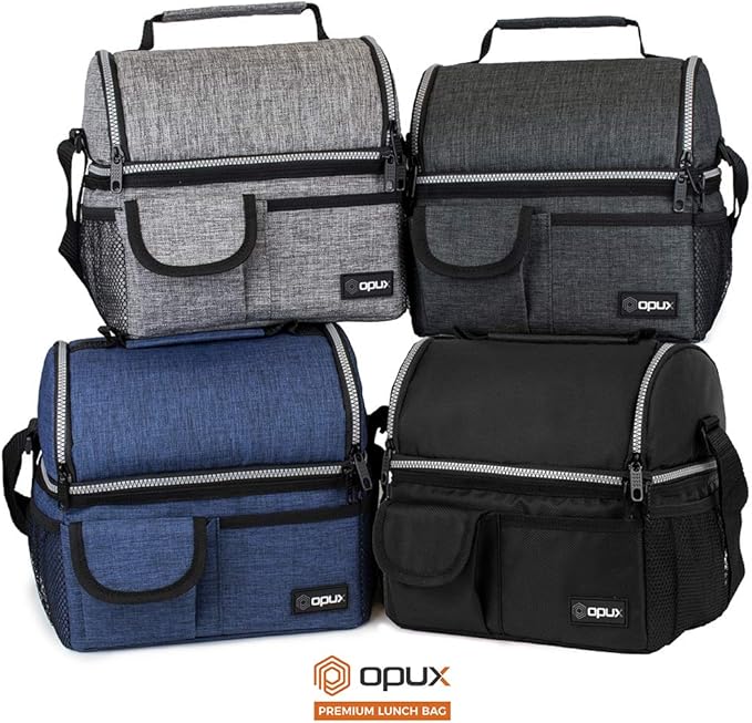 OPUX Lunch Box for Men, Adult Lunch Box Cooler, Insulated Lunch Bag Women, Dual Compartment Lunchbox for Work, Leakproof Double Decker Lunch Bag, Soft Lunch Pail Tote Boys Girls Kids School, Dark Gray