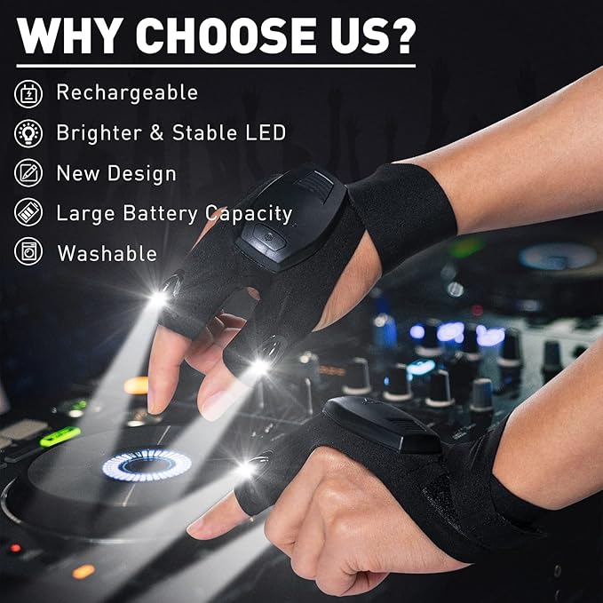 ThxToms LED Flashlight Gloves Rechargeable, for Dad Men, Christmas, Birthday Gifts for Dad Boyfriend Husband Men Him, Cool Gadgets Tools for Repairing Fishing Camping, Black