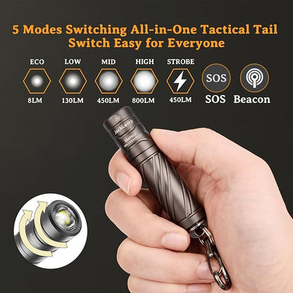 Rechargeable Mini Flashlight with Magnetic Tail, 800 High Lumens Bright Small Flashlight, IP68 Waterproof EDC Flashlight, 5 Modes Keychain Flashlight for Camping Hiking