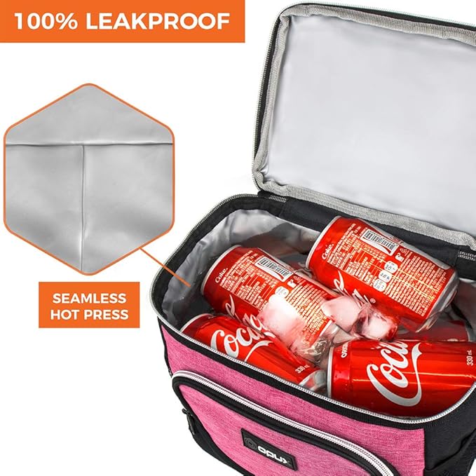 OPUX Insulated Dual Compartment Lunch Box for Women | Leakproof Double Deck Lunch Bag Work Office | Soft Cooler Tote Shoulder Strap Adult | Reusable Thermal Lunch Pail Kit 12 Can, Pink