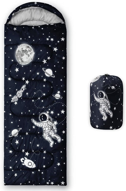 Kids Sleeping Bag for Boys Girls,Rocket Astronaut Moon Print-Lightweight Warm Portable Outdoor Indoor-Waterproof Cold Weather Resistant Sleeping Bag for Camping Hiking
