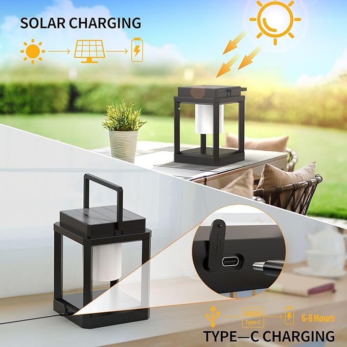 Hanging Solar Table Lanterns Outdoor - Portable Rechargeable Solar Table Light with Type-C Port, Touch Control, Waterproof LED Cordless Outdoor Table Lamp for Patio Camping Party Porch Decor