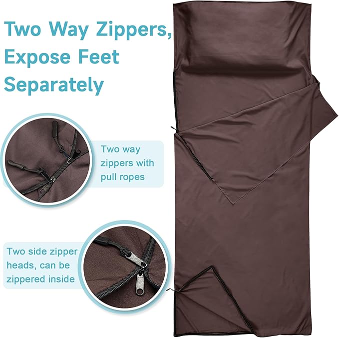 Sleeping Bag Liner, Sleep Sack Travel Sheets, Two-Way-Zipper Expose Feet Separately, Portable Single Camping Sheet for Hotel,Hostels,Business Trips