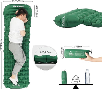 Naturehike Camping Sleeping Pad, Ultralight Inflatable Sleeping Mat with Pillow Built-in Pump, 2.6 Inch Lightweight Air Mattress for Backpacking, Hiking, Traveling, Green