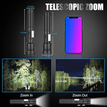 Magnetic Flashlight Rechargeable 10000 High Lumens, Super Bright Magnetic Base LED Pocket Flashlight with COB Light, Type-C, 7 Modes, Zoomable, IPX6 Waterproof Best Tactical Flashlights for Camping