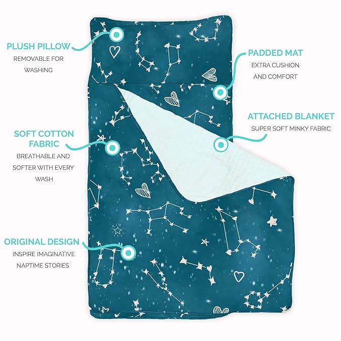 JumpOff Jo - Toddler Nap Mat - Sleeping Bag for Kids with Removable Pillow and Ultra Soft Blanket for Preschool, Daycare, and Sleepovers - Night Sky