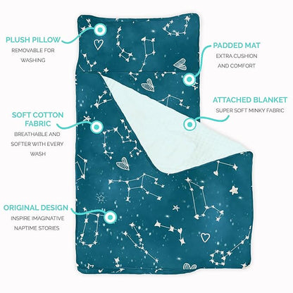 JumpOff Jo - Toddler Nap Mat - Sleeping Bag for Kids with Removable Pillow and Ultra Soft Blanket for Preschool, Daycare, and Sleepovers - Night Sky