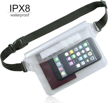 Waterproof Waist Pouch 2-Pack | Beach Accessories Fanny Pack for Swimming Snorkeling Sailing Kayaking Beach Pool Water Parks | Keep Your Phone Wallet Safe and Dry (White & Black)