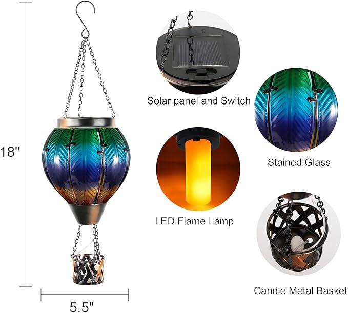Solar Hot Air Balloon with Candle Holder - Waterproof Solar Lantern with Flickering Flame Metal & Glass Waterproof Lanterns for Garden Patio Pathway Yard Porch Decor Multi-Color