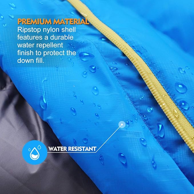 ZOOOBELIVES 10 Degree F Hydrophobic Down Sleeping Bag for Adults - Lightweight and Compact 4-Season Mummy Bag for Backpacking, Camping, Mountaineering and Other Outdoor Activities – Alplive D1500