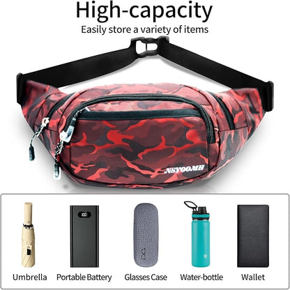 Fanny Packs for Women & Men, 5-Zipper Pockets Water Resistant Practical Waist Bag, for Outdoor Running Cycling Sports Travel Hiking Camping Fishing Fashionable Camo Belt Bags