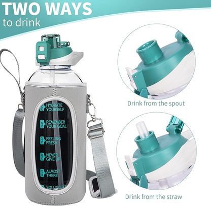 48 oz Large Sports Glass Water Bottle with Straw & Time Marker, Motivational Daily Glass Drinking Bottle with Strap for Fruit Infused Water, Smoothie, Coffee