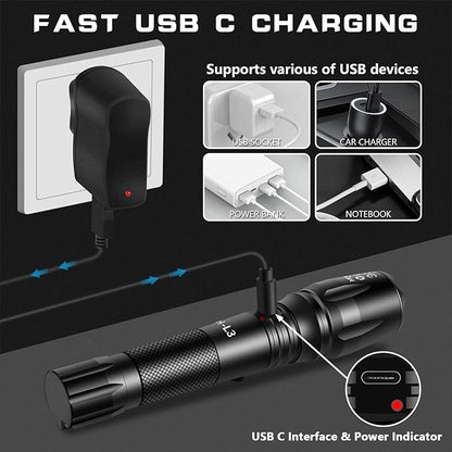 PHIXTON Rechargeable Flashlights High Lumens, 5000 Lumen USB C Chargeable LED Flashlight, Bright Strong Handheld Flash Lights, Long Lasting, Adjustable Focus, 5 Modes, for Emergencies Hiking Gift