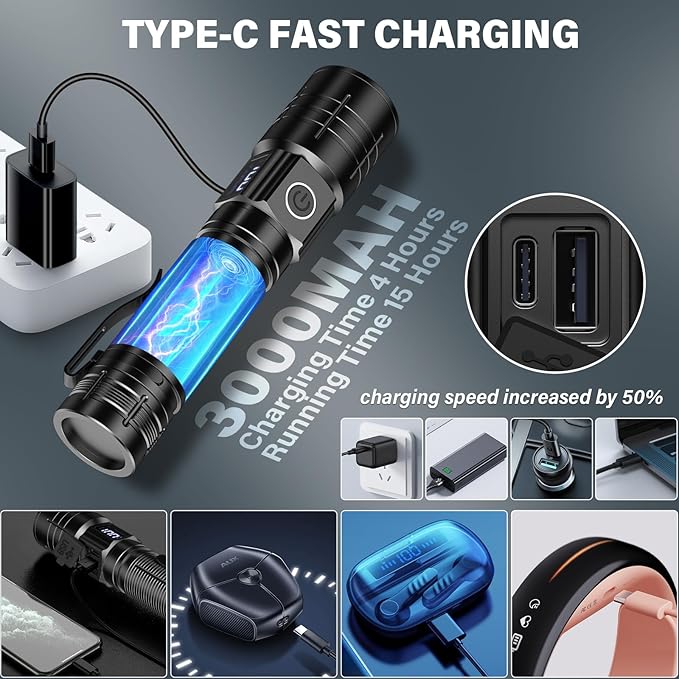 Rechargeable Flashlights High Lumens, 50000LM Super Bright LED Flashlight, Powerful Tactical Flashlight, 5 Modes Zoomable Waterproof Flash Lights for Emergency, Camping