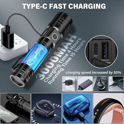 Rechargeable Flashlights High Lumens, 50000LM Super Bright LED Flashlight, Powerful Tactical Flashlight, 5 Modes Zoomable Waterproof Flash Lights for Emergency, Camping