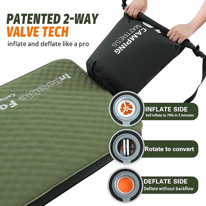Self Inflating Sleeping Pad, 4in Ultra-Thick Foam Camping Cot Mattress with Air Pump Sack, Sleeping Mat for Adults Inflatable Camping Pad Mattress, Cot Bed, Travel, Car, Tent, Home, Army Green