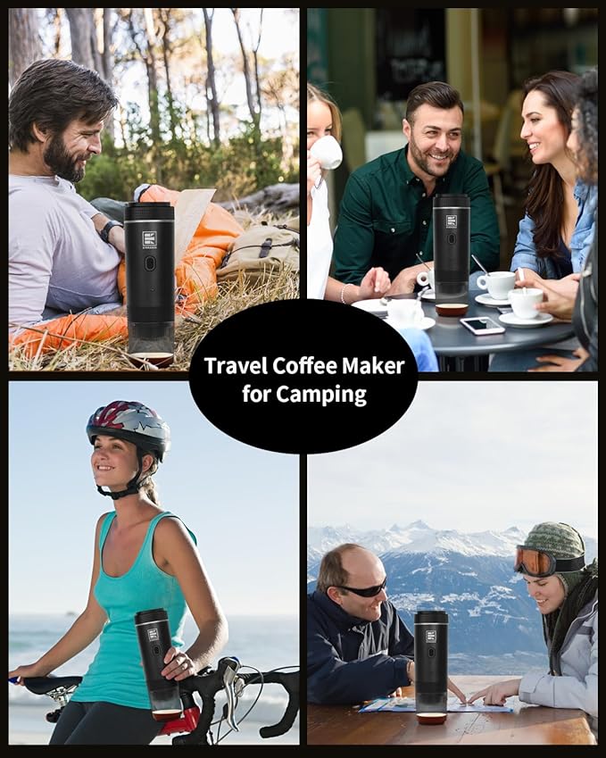 Portable Electric Espresso Machine, Travel Coffee Maker for Camping, Car, RV & Hiking, Self-Heating with Type-C, Compatible with Ground Coffee & NS Capsules, Black